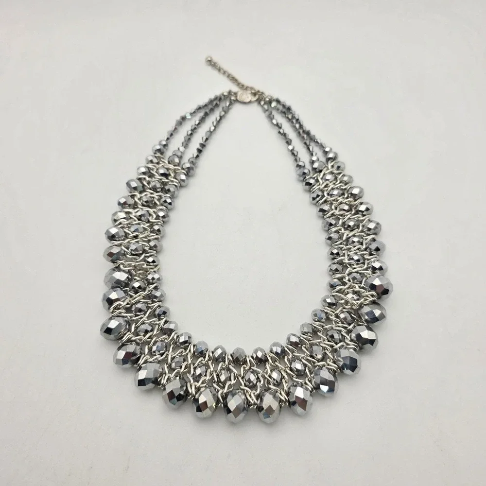 Vintage CHARMING CHARLIE Bib Collar Necklace Facet Glass Beads Gunmetal Gray 18